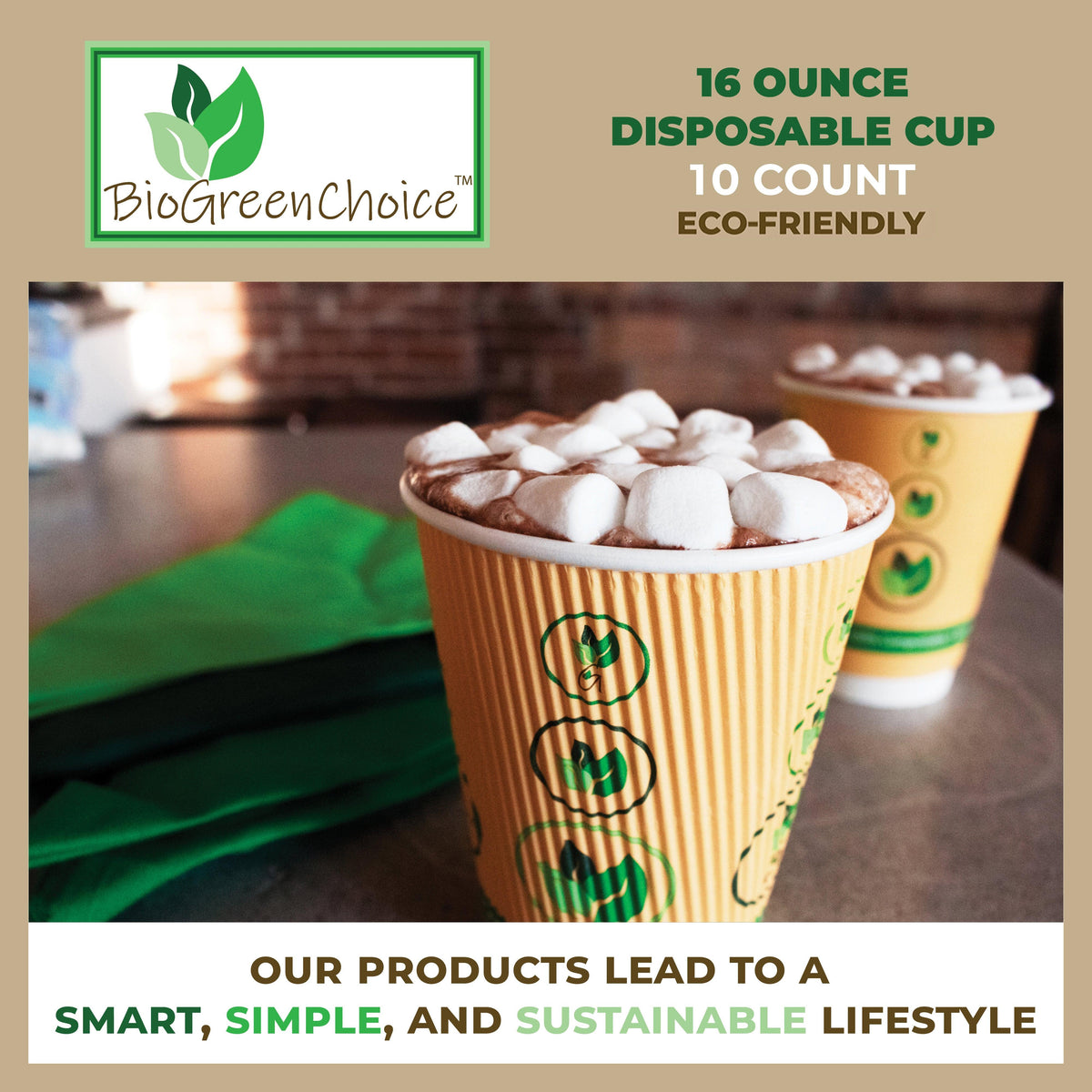 Compostable Coffee Cups - 16oz Eco-Friendly Paper Hot Cups