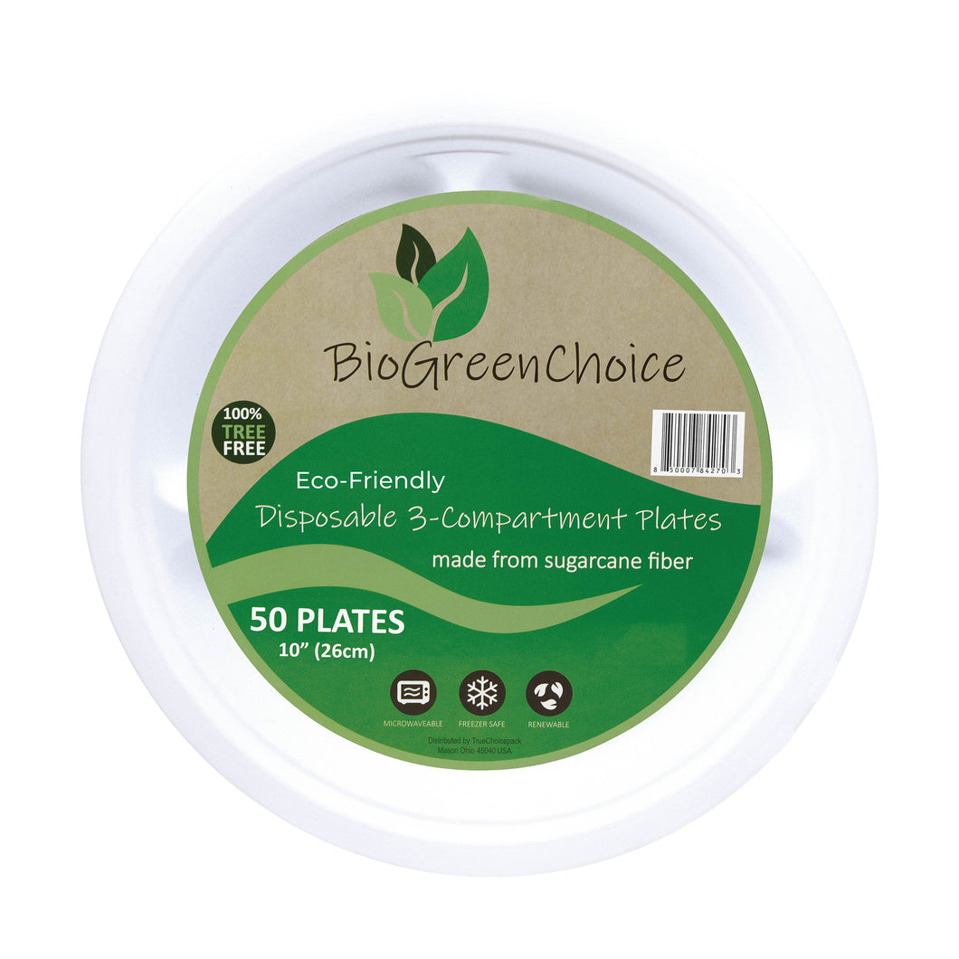 10-inch Compostable Fiber/Bagasse Three Compartment Plates