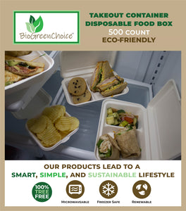 9x6x2.5 Eco-Friendly Disposable Takeout Box / Double Compartment Container (500 Count)
