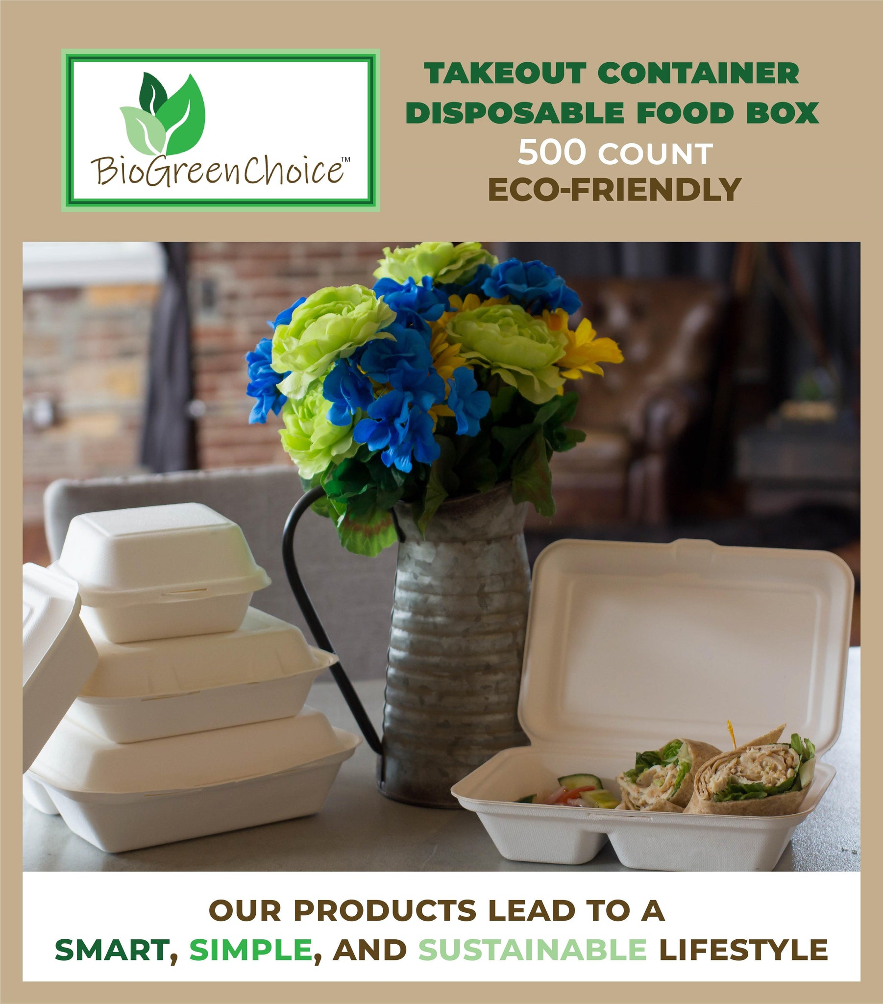 9x6x2.5 Eco-Friendly Disposable Takeout Box / Double Compartment